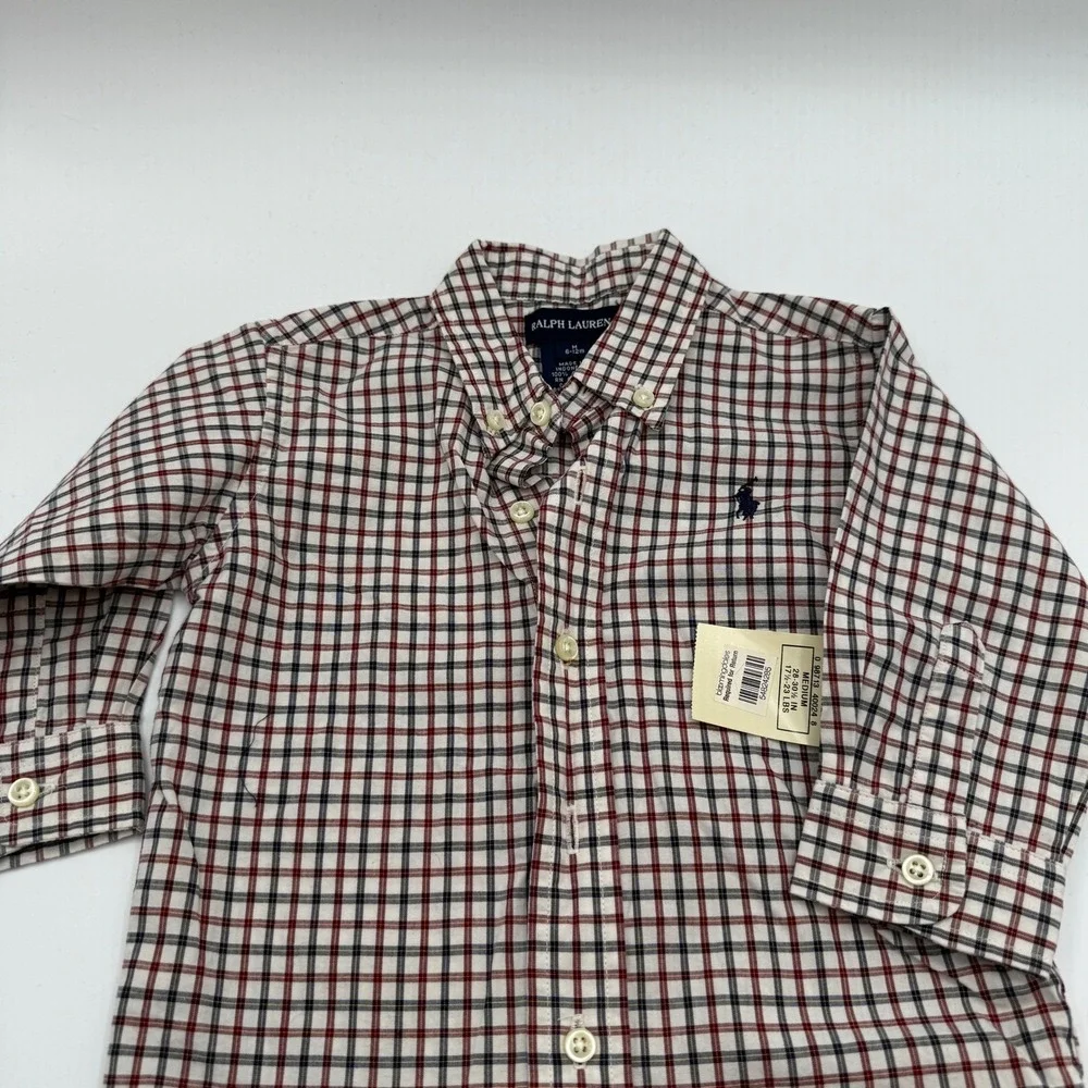 Ralph Lauren Button Down Shirt Kids 6-12 Months Red Plaid Cotton Long Sleeve NEW